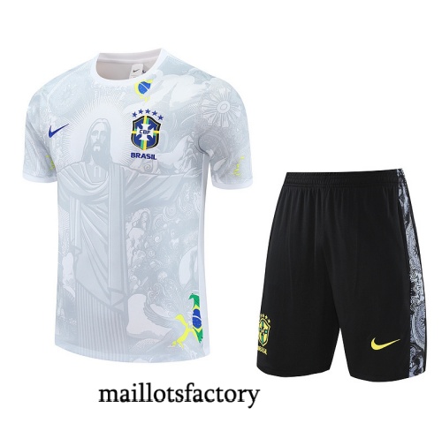 Soldes Maillot d'entrainement Brésil Enfant + Shorts 2025/26 Blanc/Noir Kit
